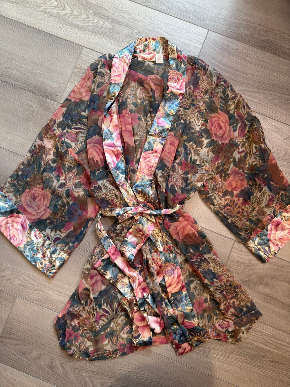 VTG Victoria's Secret Gold Label Romantic Floral Semi Sheer Kimono Robe One Size